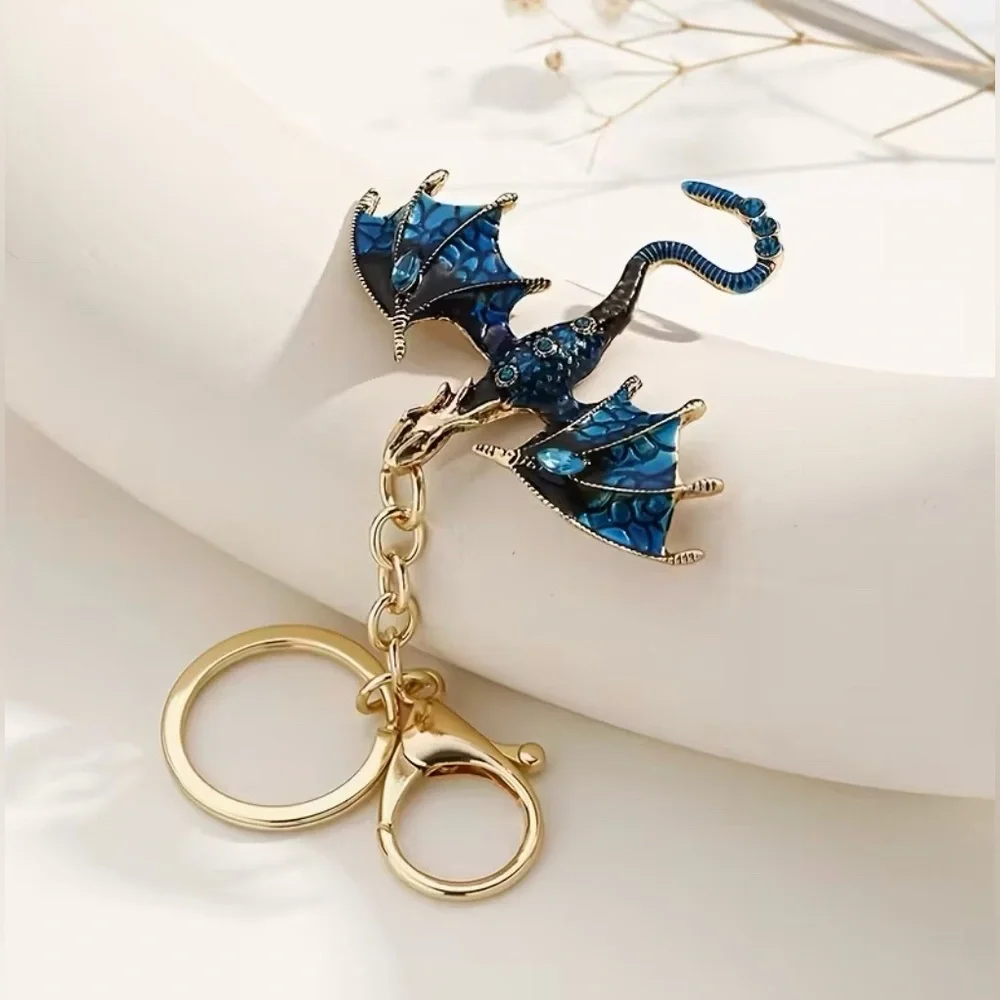 Dragon Bag Charm Keychain with Key Ring for Purse Handbag Blue Rhinestone New